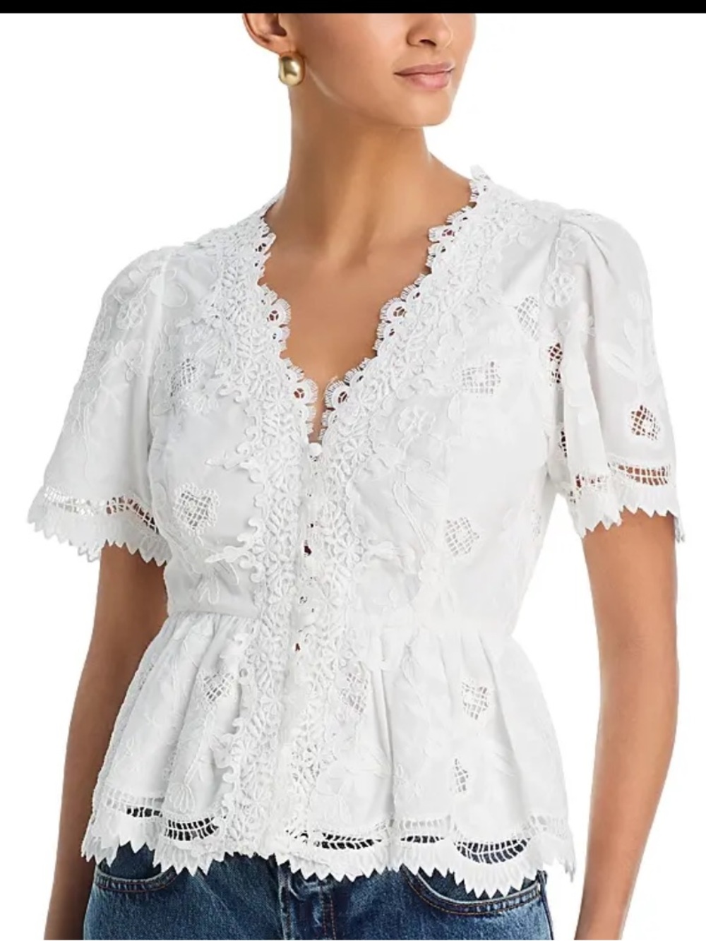 Aqua embroidered lace cottagecore prairie button down v neck top XXS